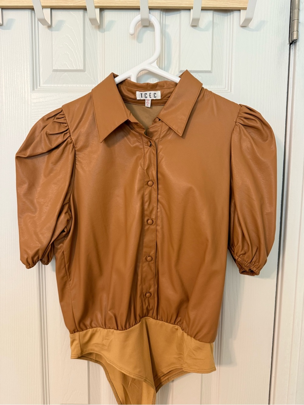 TCEC Faux Leather Button-Front Bodysuit in Tan Caramel